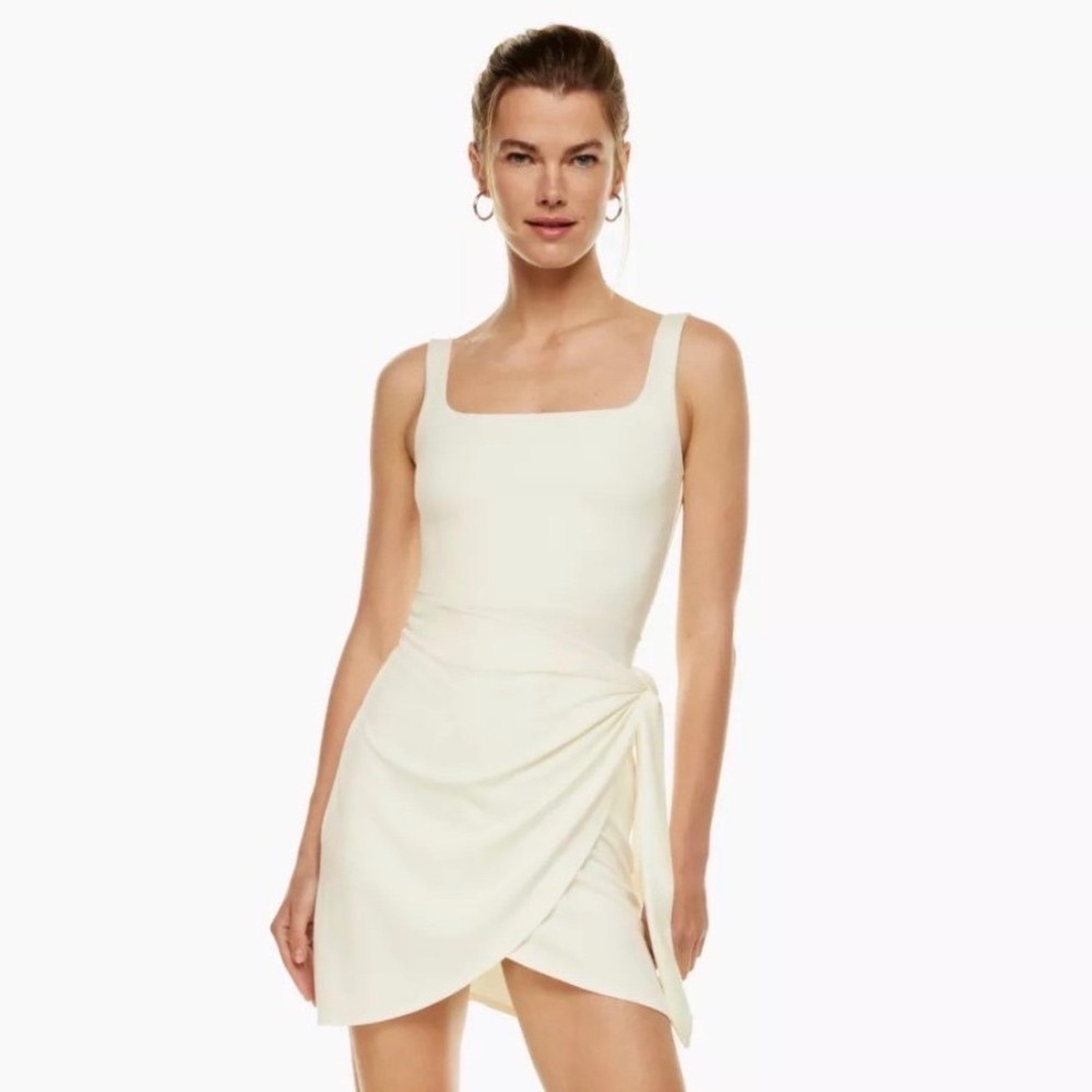 Wilfred Aritzia Off White Cowl Neck Side Tie Wrap Mini Dress XL Creamy Jersey